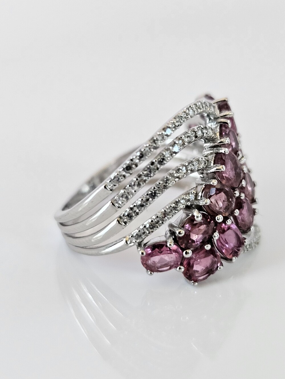 Genuine Pink Tourmaline & White Zircon Ring Sterling Silver Rhodium Overlay Sz 7 - Picture 3 of 6